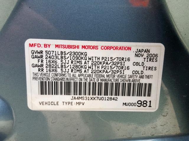 JA4MS31XX7U012842 - 2007 MITSUBISHI OUTLANDER TEAL photo 10