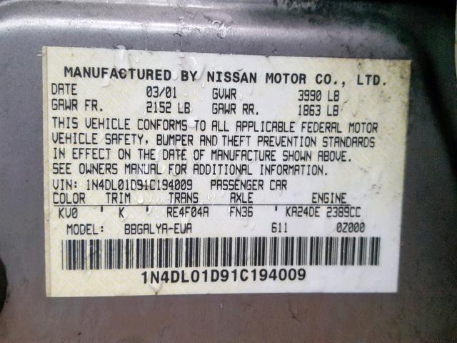 1N4DL01D91C194009 - 2001 NISSAN ALTIMA XE BEIGE photo 10