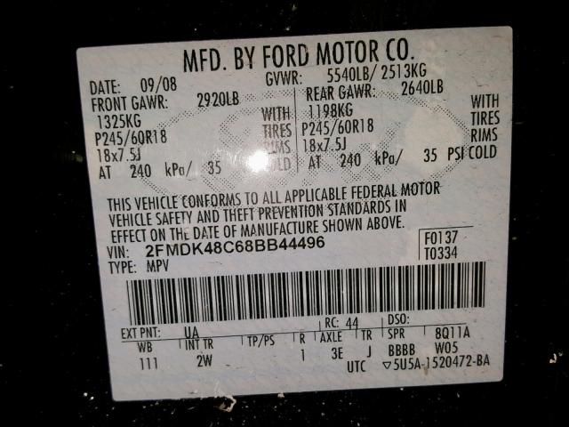 2FMDK48C68BB44496 - 2008 FORD EDGE SEL BLACK photo 10