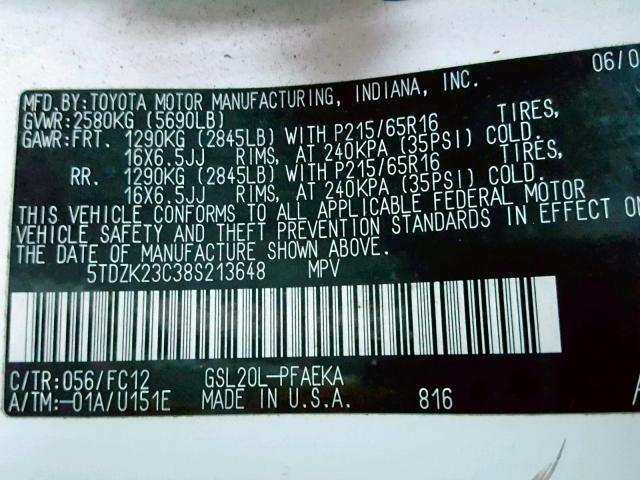 5TDZK23C38S213648 - 2008 TOYOTA SIENNA CE WHITE photo 10