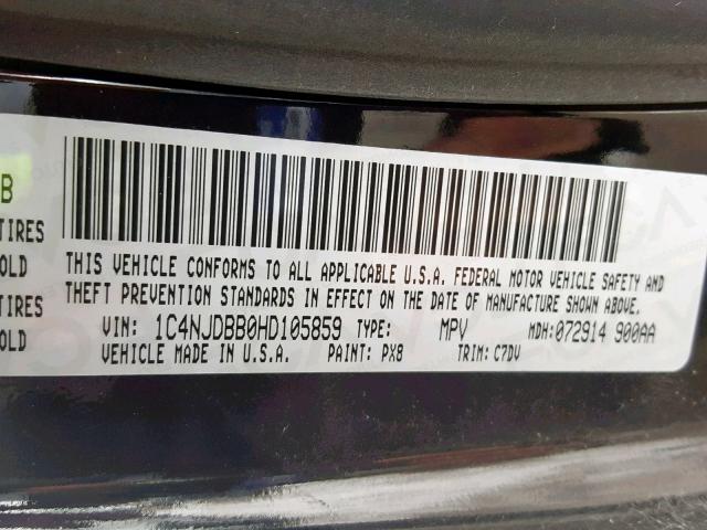 1C4NJDBB0HD105859 - 2017 JEEP COMPASS SP შავი ფოტო 10