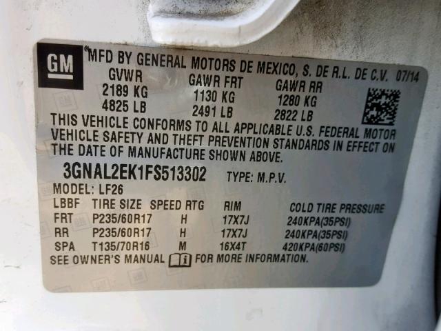 3GNAL2EK1FS513302 - 2015 CHEVROLET CAPTIVA LS 白色 照片 10