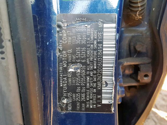 KM8JN72D16U318494 - 2006 HYUNDAI TUCSON GLS BLUE photo 10