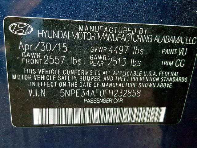 5NPE34AF0FH232858 - 2015 HYUNDAI SONATA SPO BLUE photo 10