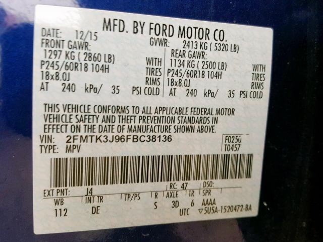 2FMTK3J96FBC38136 - 2015 FORD EDGE SEL BLUE photo 10