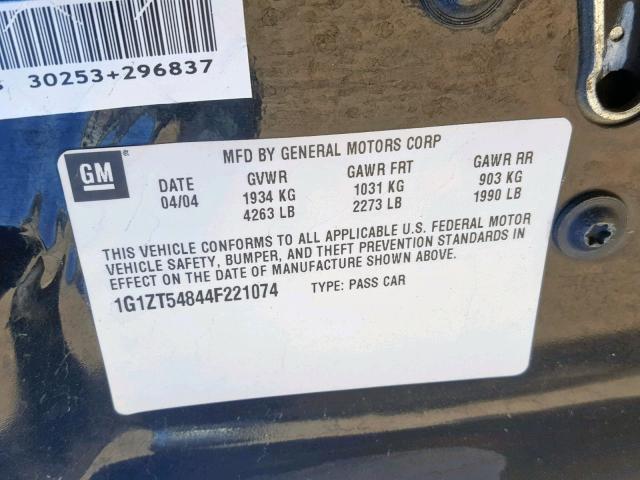 1G1ZT54844F221074 - 2004 CHEVROLET MALIBU LS BLACK photo 10