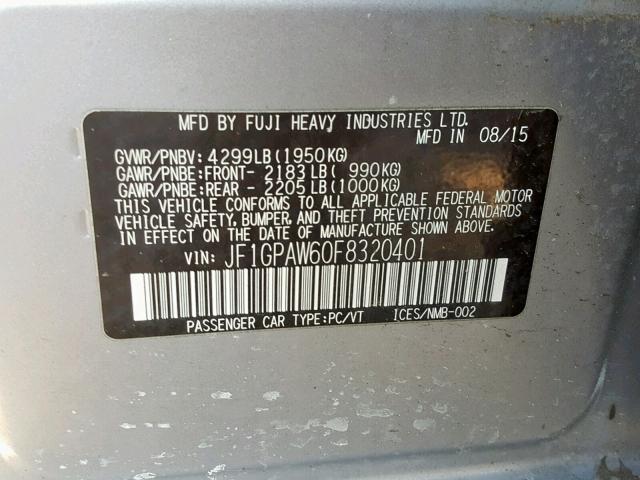 JF1GPAW60F8320401 - 2015 SUBARU IMPREZA SP SILVER photo 10