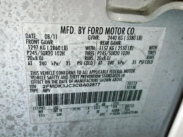 2FMDK3JC3CBA02877 - 2012 FORD EDGE SEL WHITE photo 10