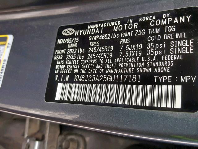 KM8J33A25GU117181 - 2016 HYUNDAI TUCSON LIM GRAY photo 10