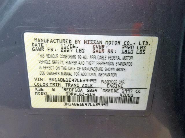 3N1AB61E47L639493 - 2007 NISSAN SENTRA 2.0 灰色 照片 10