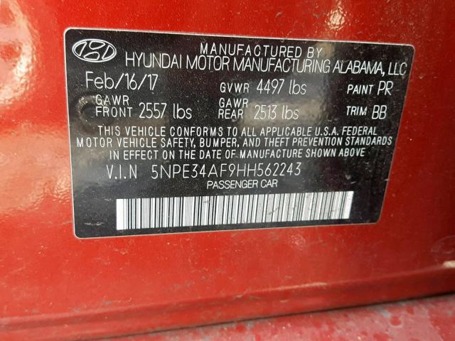 5NPE34AF9HH562243 - 2017 HYUNDAI SONATA SPO RED photo 10