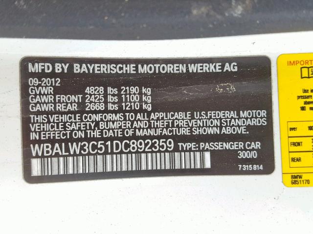 WBALW3C51DC892359 - 2013 BMW 640 I WHITE photo 10