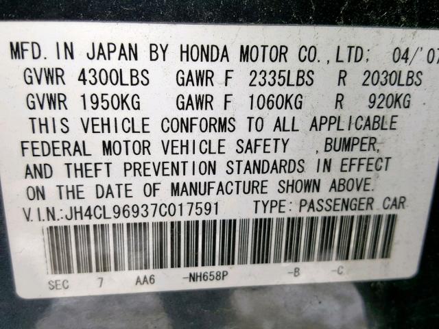 JH4CL96937C017591 - 2007 ACURA TSX BLUE photo 10