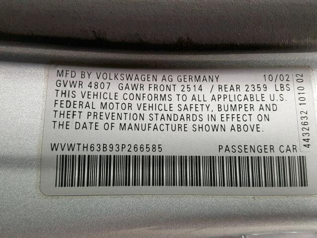 WVWTH63B93P266585 - 2003 VOLKSWAGEN PASSAT GLX 银色 照片 10