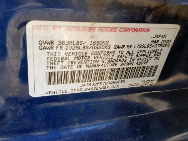 JA3AJ26E72U066250 - 2002 MITSUBISHI LANCER ES BLUE photo 10