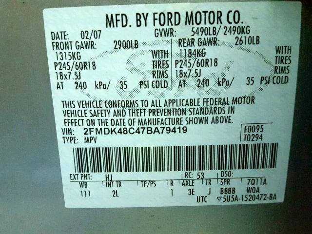 2FMDK48C47BA79419 - 2007 FORD EDGE SEL SILVER photo 10