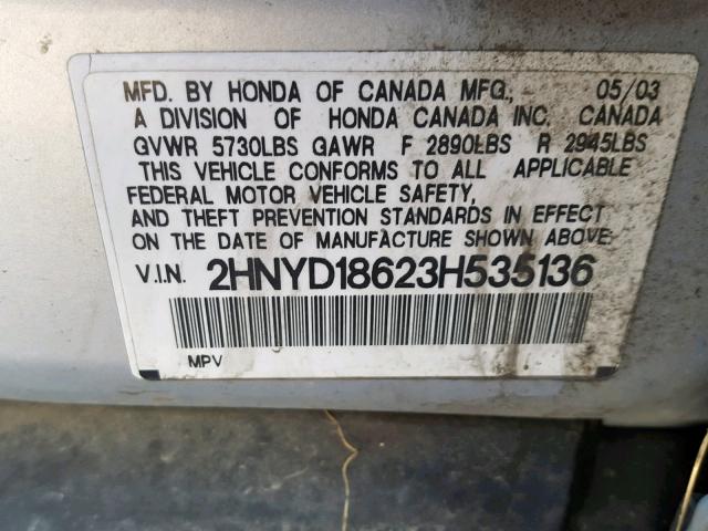 2HNYD18623H535136 - 2003 ACURA MDX TOURIN SILVER photo 10