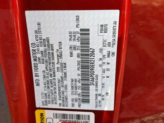 3FA6P0D90ER212067 - 2014 FORD FUSION TIT RED photo 10