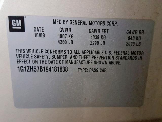 1G1ZH57B194181838 - 2009 CHEVROLET MALIBU 1LT 米色 照片 10