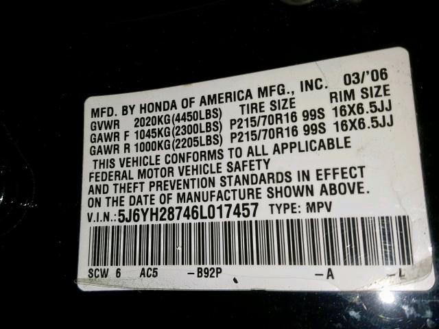 5J6YH28746L017457 - 2006 HONDA ELEMENT EX BLACK photo 10