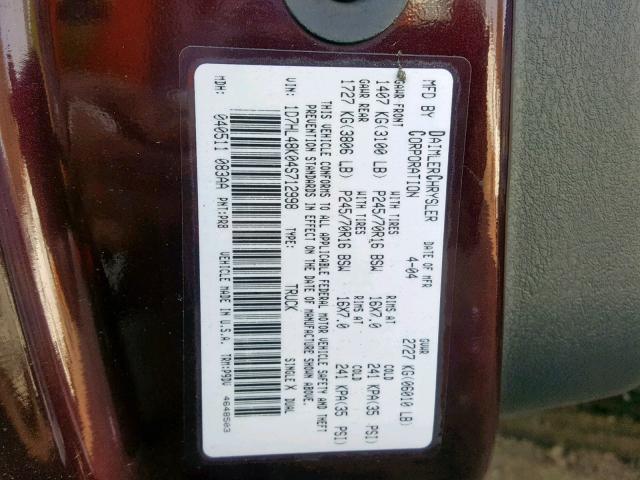 1D7HL48K04S712998 - 2004 DODGE DAKOTA QUA MAROON photo 10