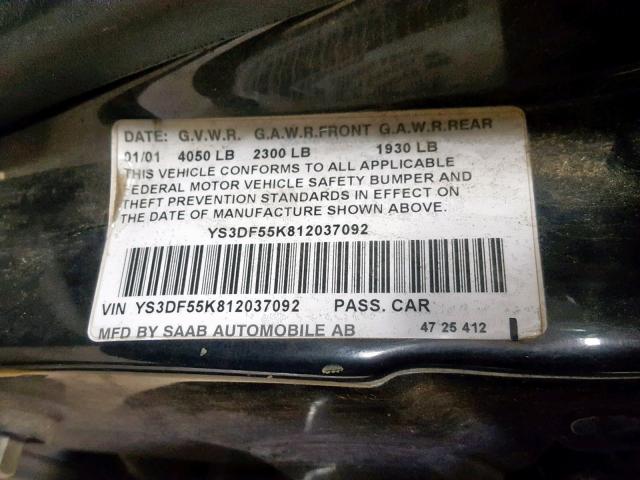 YS3DF55K812037092 - 2001 SAAB 9-3 SE BLACK photo 10