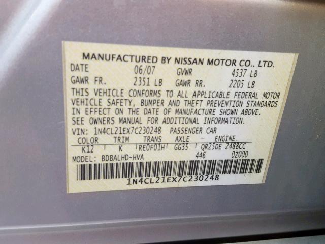 1N4CL21EX7C230248 - 2007 NISSAN ALTIMA HYB SILVER photo 10