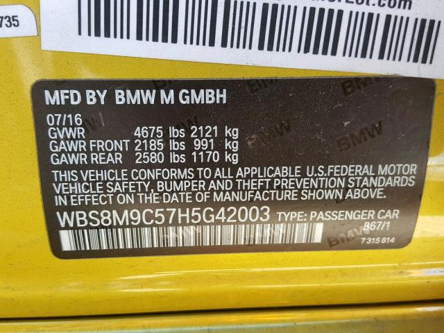 WBS8M9C57H5G42003 - 2017 BMW M3 YELLOW photo 10