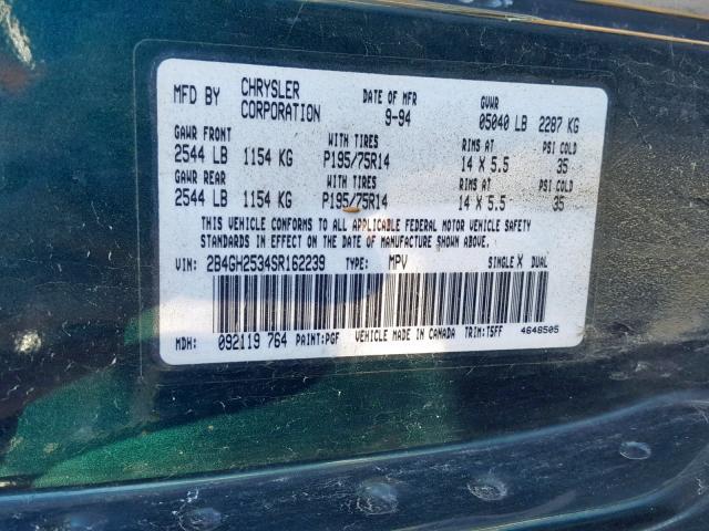 2B4GH2534SR162239 - 1995 DODGE CARAVAN GREEN photo 10