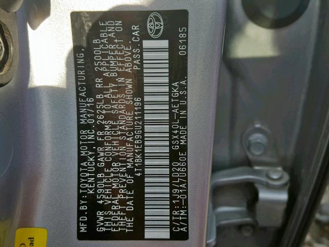 4T1BK1EB9GU211196 - 2016 TOYOTA AVALON XLE SILVER photo 10