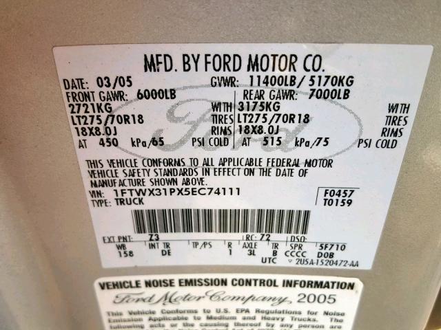 1FTWX31PX5EC74111 - 2005 FORD F350 SRW S SILVER photo 10