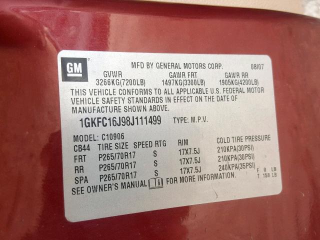 1GKFC16J98J111499 - 2008 GMC YUKON XL C MAROON photo 10