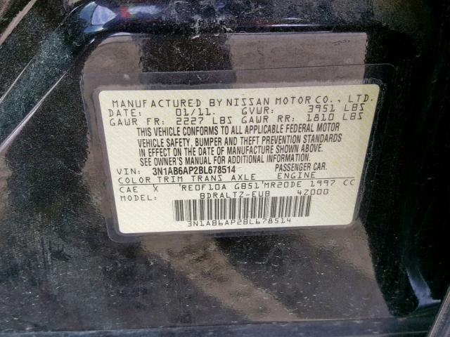 3N1AB6AP2BL678514 - 2011 NISSAN SENTRA 2.0 BLACK photo 10