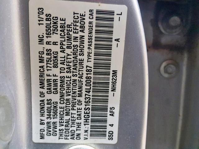 1HGES16374L008187 - 2004 HONDA CIVIC DX V SILVER photo 10