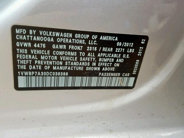 1VWBP7A30DC039386 - 2013 VOLKSWAGEN PASSAT SE SILVER photo 10