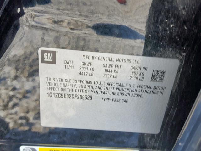 1G1ZC5E02CF209528 - 2012 CHEVROLET MALIBU 1LT შავი ფოტო 10