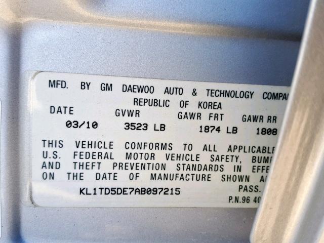 KL1TD5DE7AB097215 - 2010 CHEVROLET AVEO LS SILVER photo 10