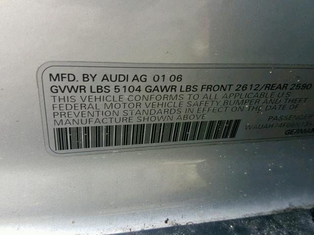 WAUAH74F06N135704 - 2006 AUDI A6 3.2 SILVER photo 10