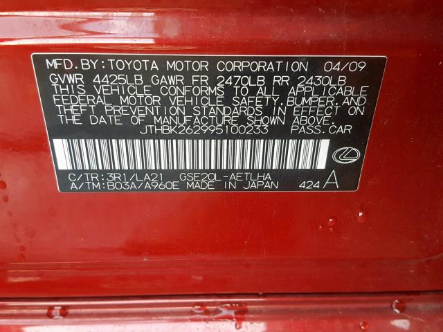 JTHBK262995100233 - 2009 LEXUS IS 250 RED photo 10