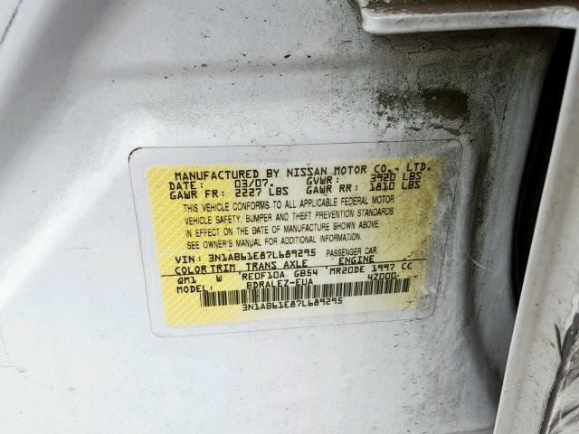 3N1AB61E87L689295 - 2007 NISSAN SENTRA 2.0 WHITE photo 10