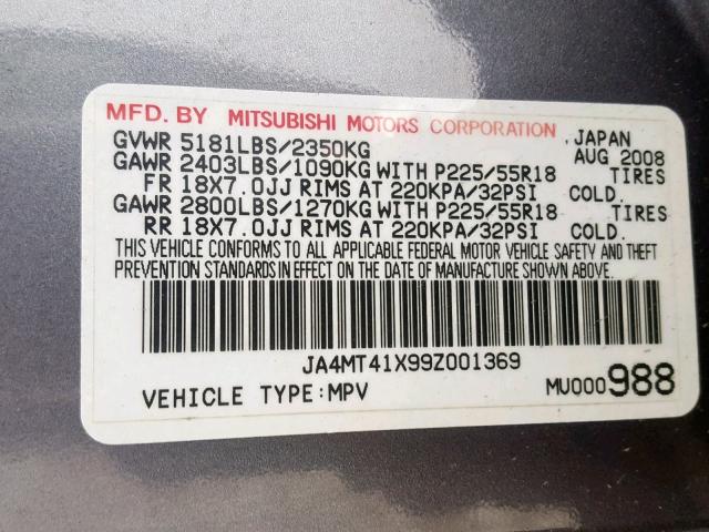 JA4MT41X99Z001369 - 2009 MITSUBISHI OUTLANDER GRAY photo 10