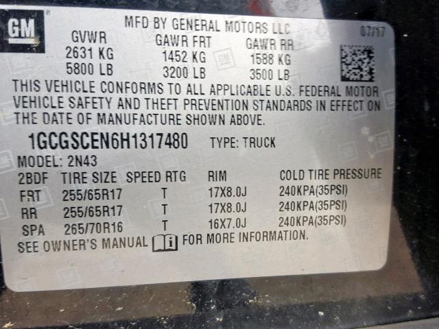 1GCGSCEN6H1317480 - 2017 CHEVROLET COLORADO L BLACK photo 10