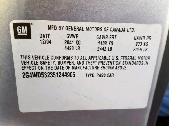 2G4WD532351244905 - 2005 BUICK LACROSSE C SILVER photo 10