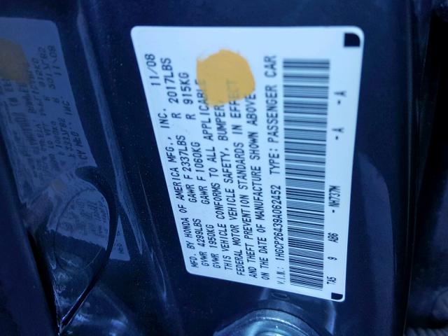 1HGCP26439A062452 - 2009 HONDA ACCORD LXP GRAY photo 10