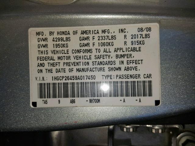 1HGCP26459A017450 - 2009 HONDA ACCORD LXP SILVER photo 10