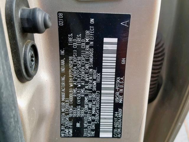 5TBDV54138S508273 - 2008 TOYOTA TUNDRA CRE GOLD photo 10