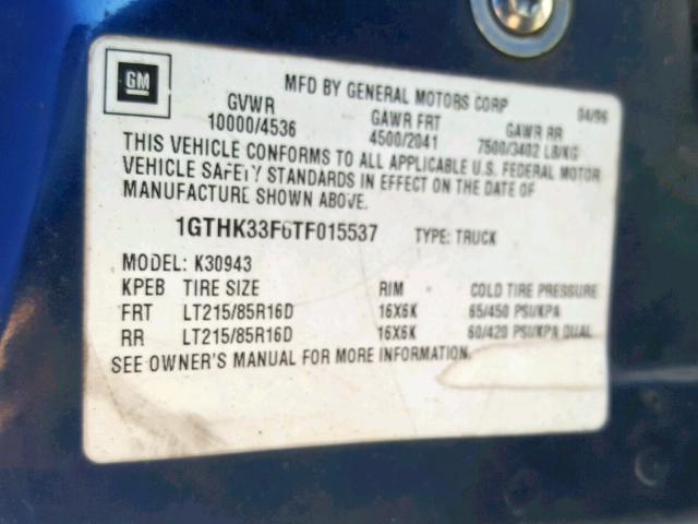 1GTHK33F6TF015537 - 1996 GMC SIERRA K35 BLUE photo 10