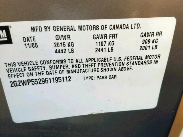 2G2WP552961195112 - 2006 PONTIAC GRAND PRIX TAN photo 10