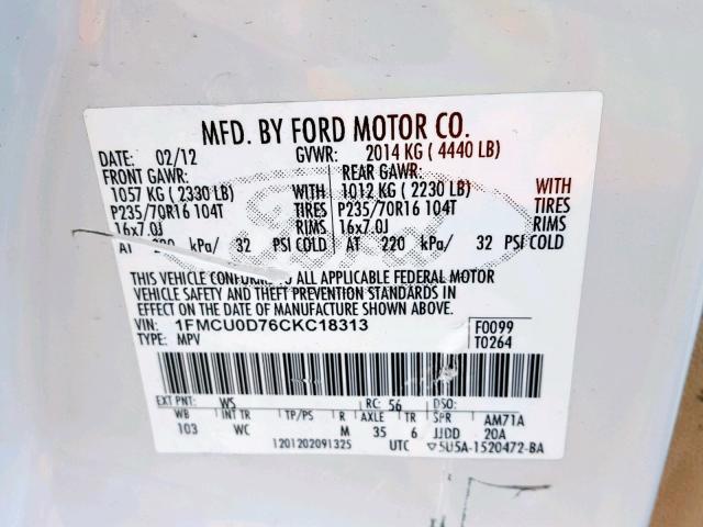 1FMCU0D76CKC18313 - 2012 FORD ESCAPE XLT WHITE photo 10