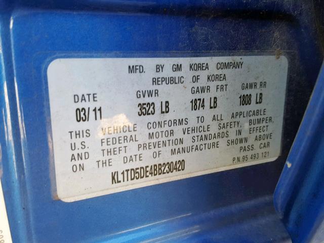 KL1TD5DE4BB230420 - 2011 CHEVROLET AVEO LS BLUE photo 10